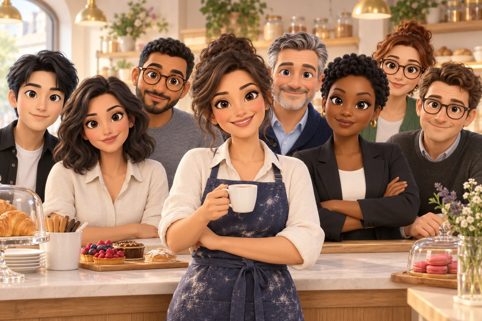 Camille, sereine devant sa pâtisserie, avec ses huit agents Yuzuwork derrière elle.